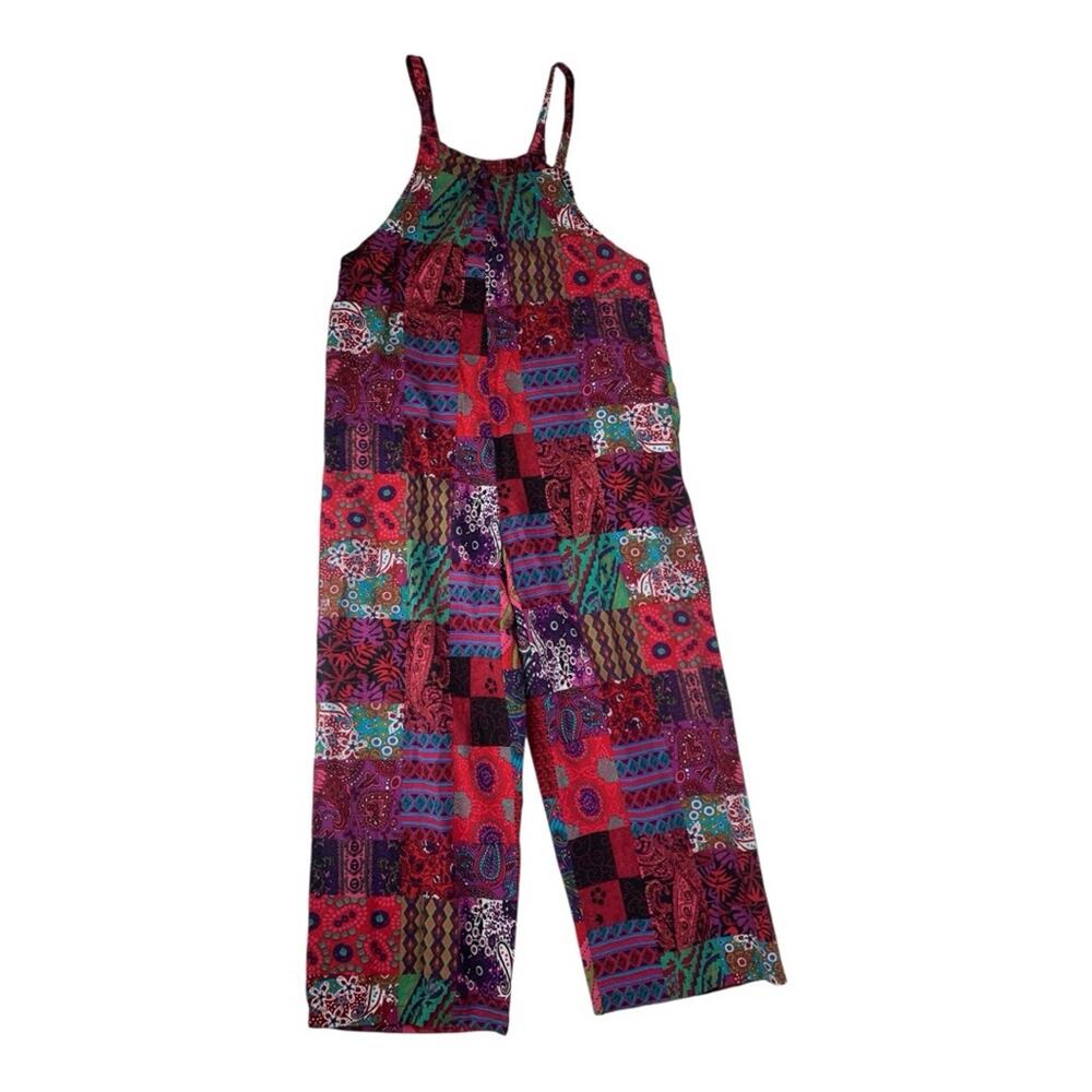 Multicolor Patchwork Cropped Overalls Size Xl Pai… - image 2
